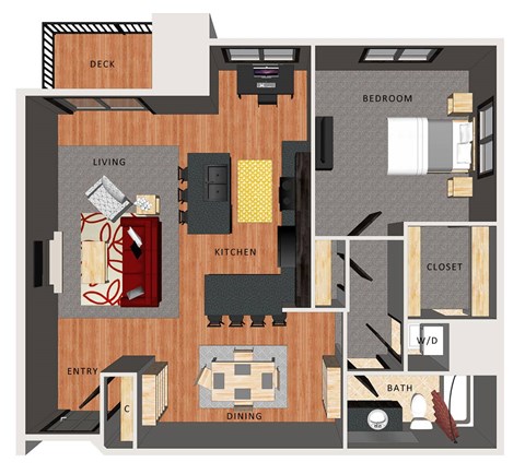 A floor plan of an apartment with a living room, kitchen, dining room, bedroom, and bathroom.