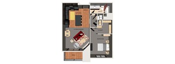 A floor plan of an apartment showing a kitchen, living room, bedroom, bathroom, and deck.