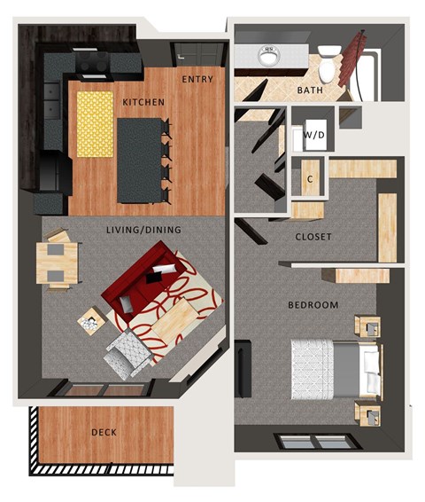 A floor plan of an apartment showing a kitchen, living room, bedroom, bathroom, and deck.