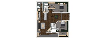 A floor plan of an apartment with two bedrooms, a living room, a dining room, a kitchen, a laundry room, and two bathrooms.