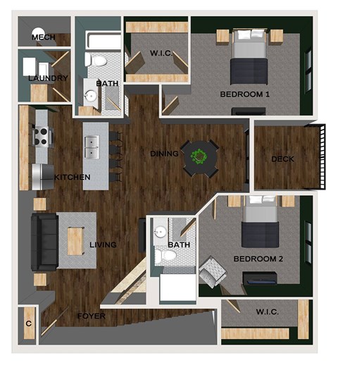 A floor plan of an apartment with two bedrooms, a living room, a dining room, a kitchen, a laundry room, and two bathrooms.
