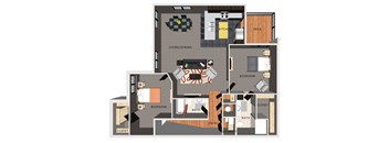 A floor plan of a two bedroom apartment with a kitchen, living room, dining room, two bathrooms, a closet, and an entry/laundry area.