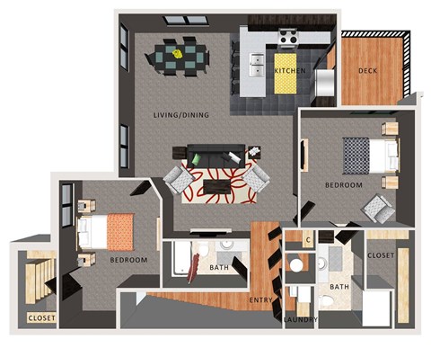 A floor plan of a two bedroom apartment with a kitchen, living room, dining room, two bathrooms, a closet, and an entry/laundry area.