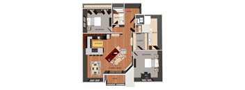 A floor plan of an apartment with a kitchen, living room, and two bedrooms.