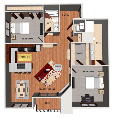 A floor plan of an apartment with a kitchen, living room, and two bedrooms.