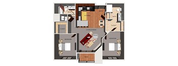 A floor plan of an apartment with two bedrooms, a kitchen, a living room, and a deck.