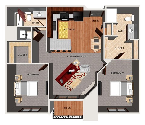 A floor plan of an apartment with two bedrooms, a kitchen, a living room, and a deck.