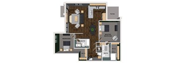 A floor plan of a two bedroom apartment with a kitchen, dining room, living room,