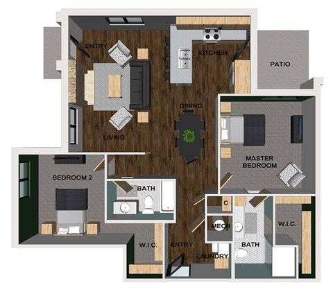 A floor plan of a two bedroom apartment with a kitchen, dining room, living room,