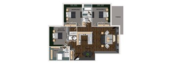 A floor plan of a villa with three bedrooms, a laundry room, a kitchen, a living room, a dining room, and two bathrooms