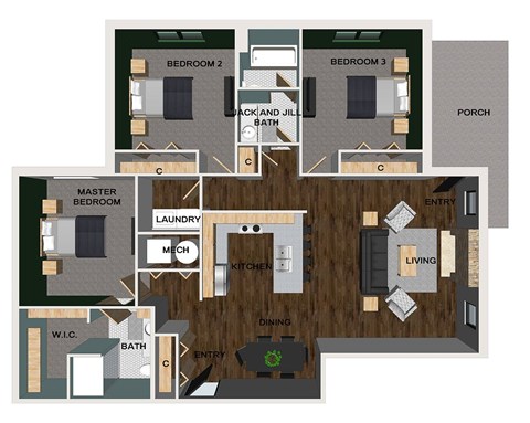 A floor plan of a villa with three bedrooms, a laundry room, a kitchen, a living room, a dining room, and two bathrooms