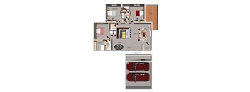 A floor plan of a villa with three bedrooms, a living room, a dining room, a kitchen, a bathroom, a laundry room, and a garage.