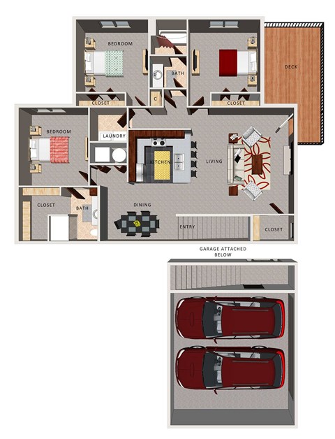 A floor plan of a villa with three bedrooms, a living room, a dining room, a kitchen, a bathroom, a laundry room, and a garage.