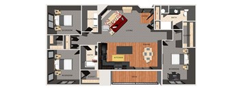 A floor plan of an apartment with a living room, kitchen, and three bedrooms.