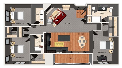 A floor plan of an apartment with a living room, kitchen, and three bedrooms.