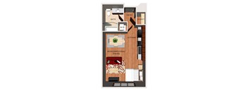 A floor plan of a small apartment with a kitchen, living room, and bathroom.