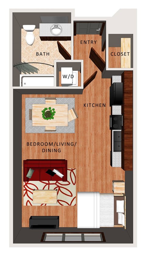A floor plan of a small apartment with a kitchen, living room, and bathroom.