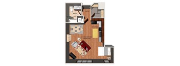 A floor plan of a studio apartment with a living room, kitchen, and bathroom.