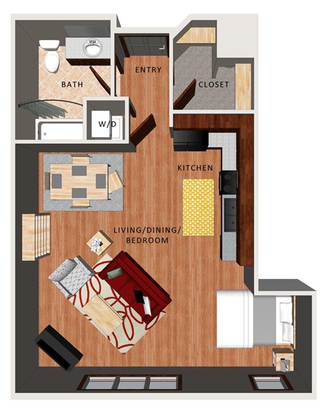 A floor plan of a studio apartment with a living room, kitchen, and bathroom.