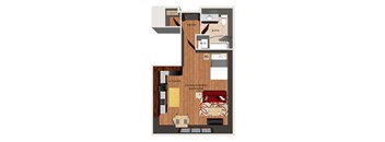 A floor plan of a studio apartment with a kitchen, living room, and sleeping space.