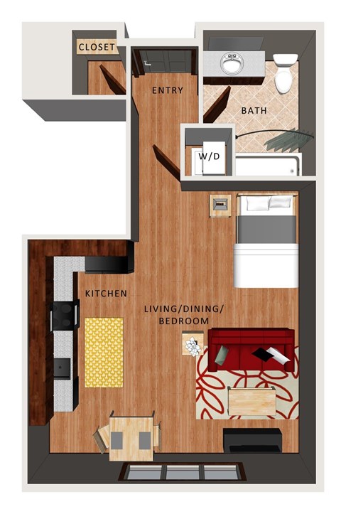 A floor plan of a studio apartment with a kitchen, living room, and sleeping space.