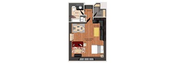 A floor plan of a studio apartment with a bathroom, kitchen, living room/dining room.