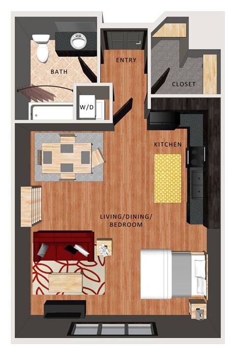 A floor plan of a studio apartment with a bathroom, kitchen, living room/dining room.
