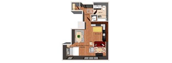A floor plan of a studio apartment with a kitchen, dining room, bathroom, and closet.
