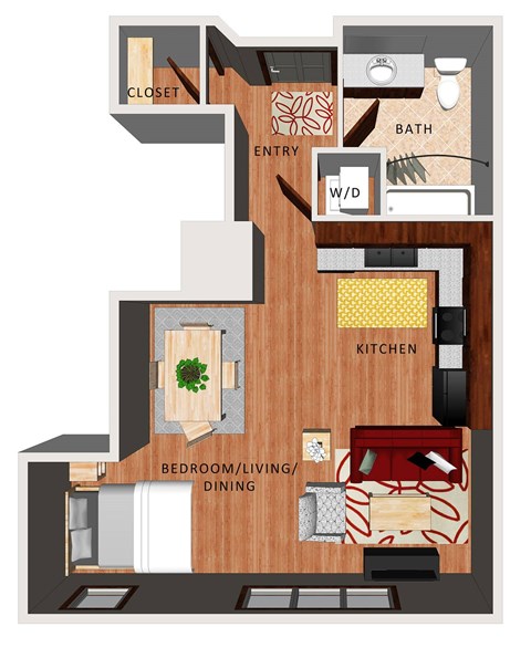 A floor plan of a studio apartment with a kitchen, dining room, bathroom, and closet.