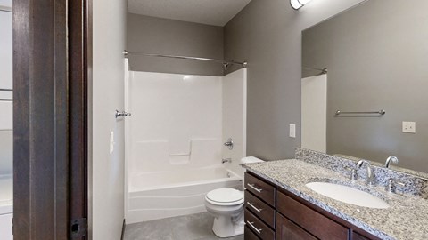 a bathroom with a combination shower and tub