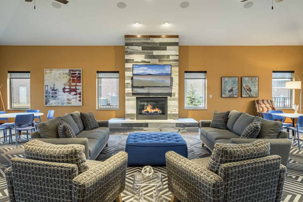 TV lounge in clubhouse at Villas of Omaha townhome apartments in northwest Omaha NE 68116