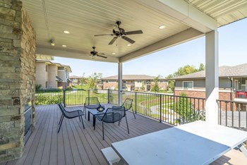 Outdoor seating near fireplace at Villas of Omaha townhome apartments in northwest Omaha NE 68116 - Photo Gallery 52