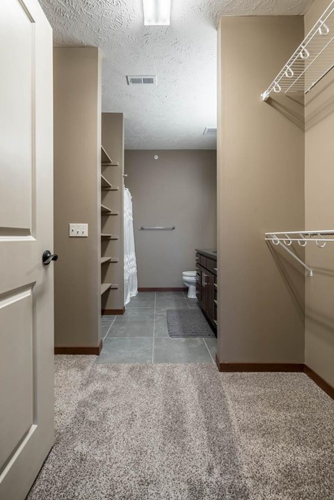 A walk-in closet with a carpeted floor and that leads into bathroom