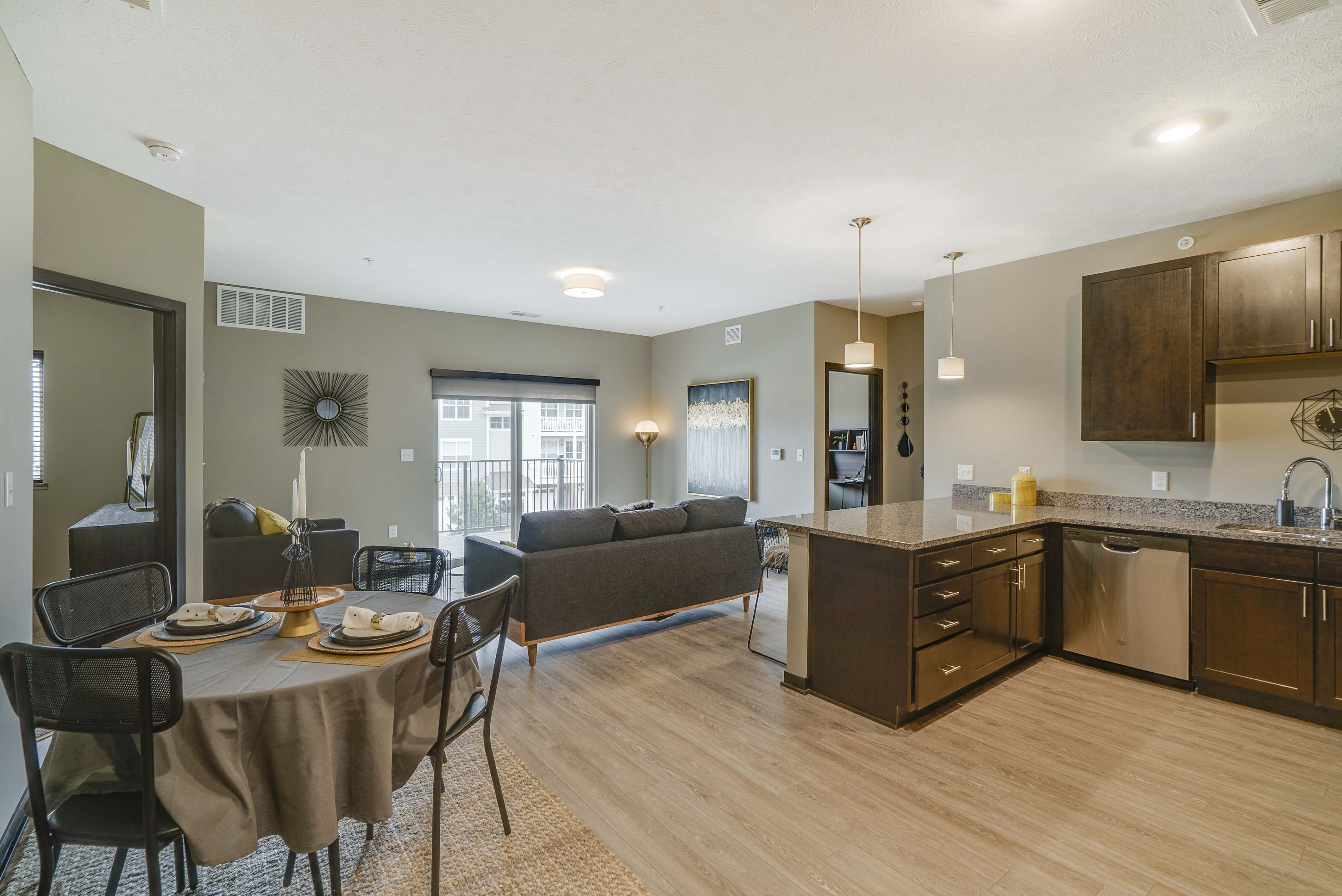 Spacious kitchens with granite countertops at WH Flats new luxury apartments in south Lincoln NE 68516