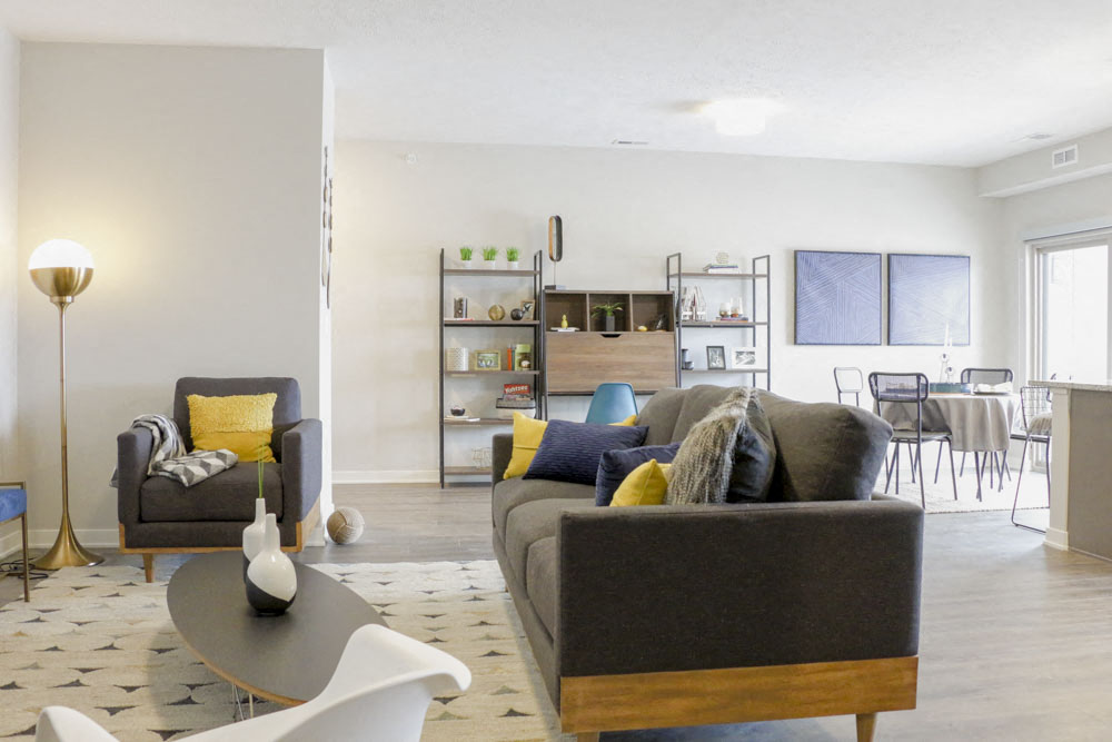 Living room in open concept one bedroom apartment at WH Flats new luxury apartments in south Lincoln NE 68516