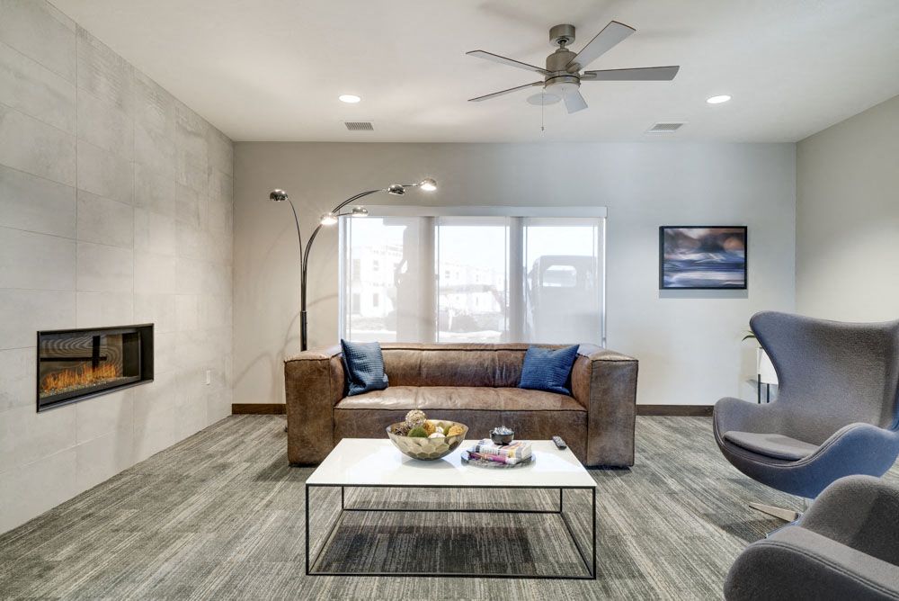 Leasing office lounge at WH Flats luxury apartments in south Lincoln NE
