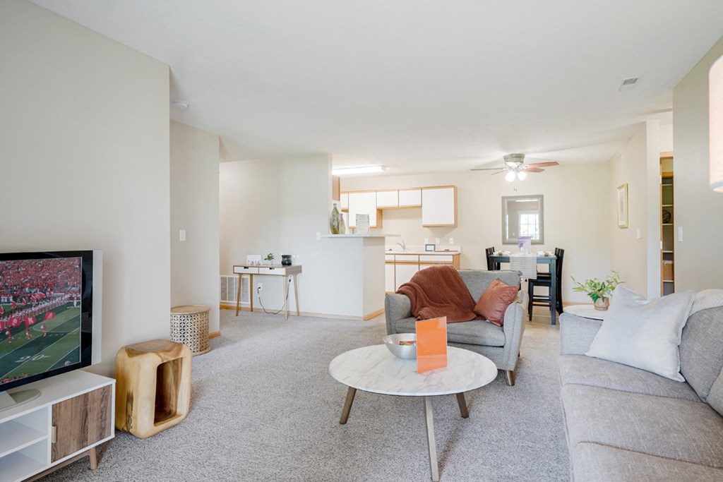 a living room with a couch and a coffee table and a tv