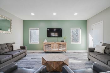 a tv lounge space with a pale green wall, tv stand, and couches