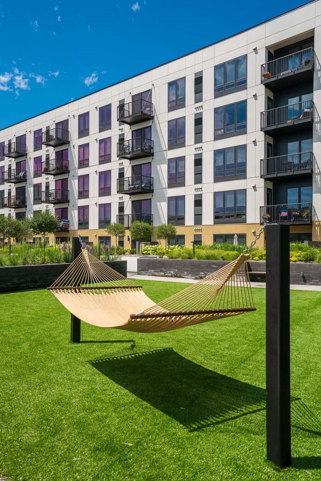 Hammock on grassy area with view of luxury apartments in the background
