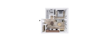 A top-down view of a small apartment with a bedroom, living room, and kitchen.