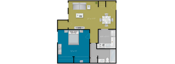 A floor plan of a house with a living room, kitchen, and two bathrooms.