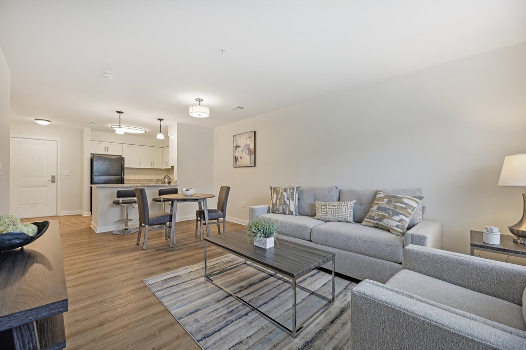 A modern living room with a grey couch, a coffee table, and a dining table with chairs.