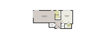 A floor plan of a small apartment with a living/dining area, kitchen, bedroom, and bathroom.