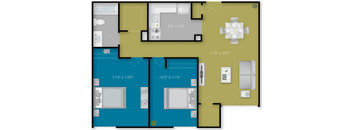 A floor plan of a house with a kitchen, living room, and two bedrooms.