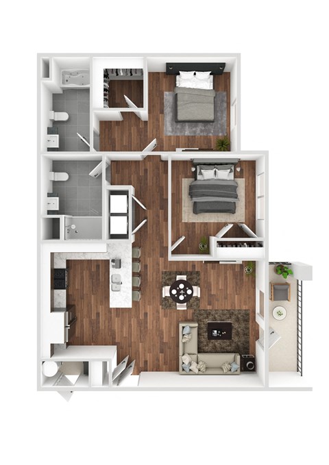 a stylized floor plan of a 2 bedroom apartment