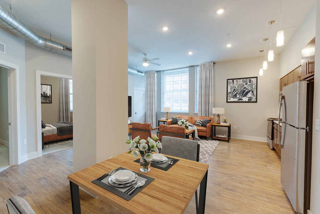 decorated dining kitchen living area and bedroom