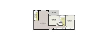 A floor plan of a home with a living/dining area, kitchen, two bedrooms, a bath, and a balcony.
