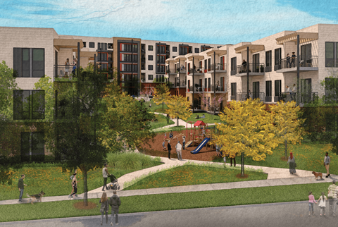 a rendering of an apartment complex with people walking in a park