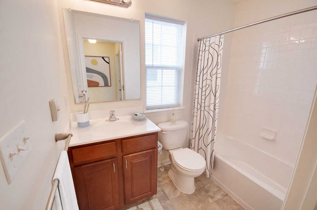 a bathroom with a shower toilet and sink and a mirror