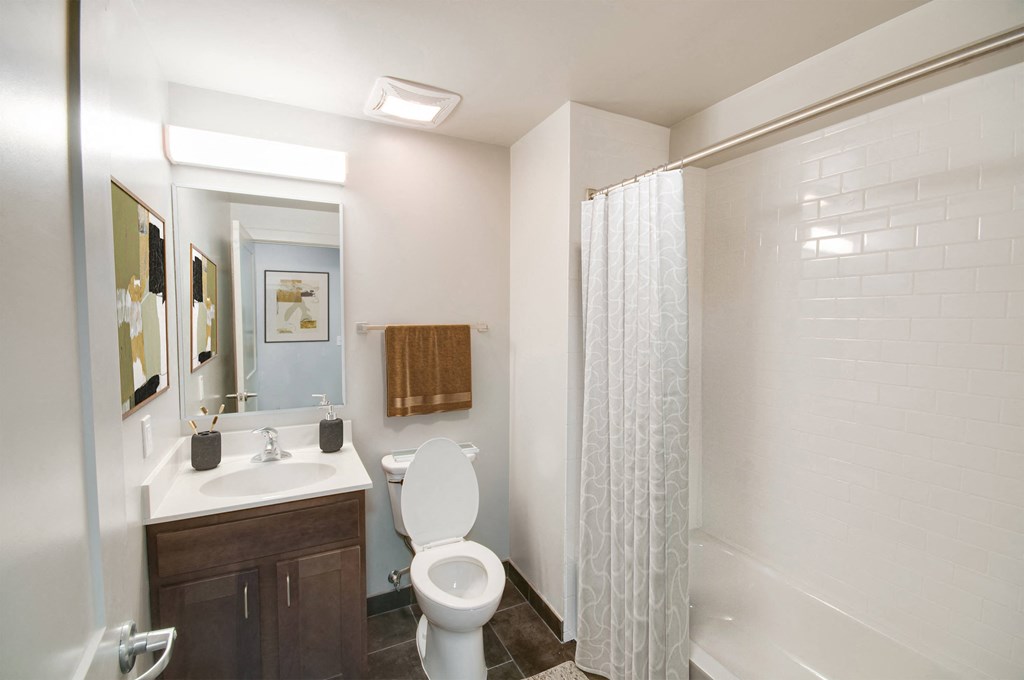 a bathroom with a shower toilet and sink and a mirror